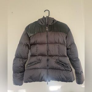 Silver grey Moncler puffer coat with velvet shoulders